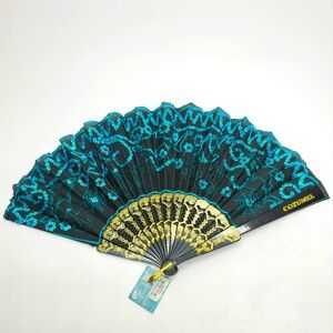 Cozumel Embroidered Fabric Folding Handheld Fan Sequins Black, Gold & Turquoise‎